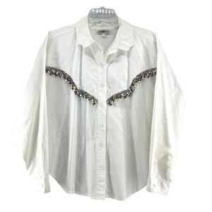 Vintage 90s Beaded Button Up Shirt Women's L White Fringe Western Funky Boho